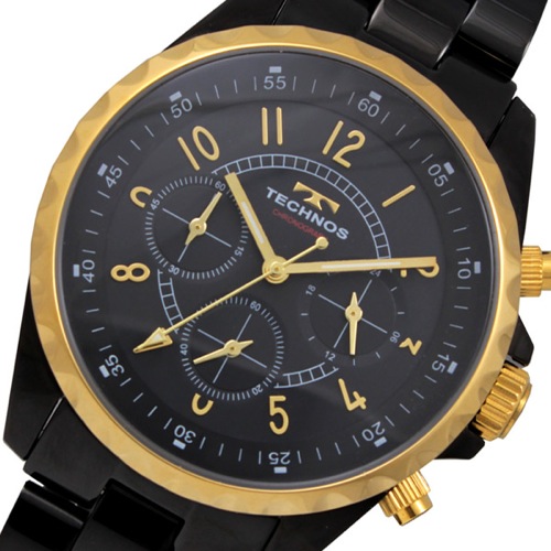 テクノス TECHNOS クロノ クオーツ メンズ 腕時計 T9449BG ブラック×ゴールド
