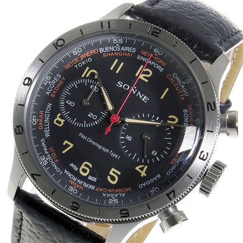 【送料無料】ゾンネ SONNE パイロット クロノ クオーツ メンズ 腕時計 HI003BK-BK ブラック - メンズブランドショップ グラッグ