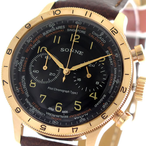 ゾンネ パイロットクロノグラフタイプ クオーツ メンズ 腕時計 HI003PG-BR ブラック/ブラウン
